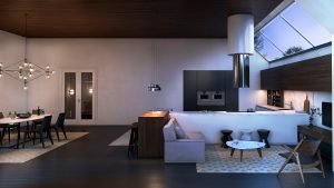 Render Cocina Moderna 3D con Zona de mesa