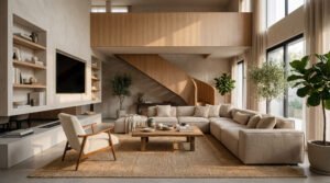 Render interior 3D salón cálido con madera y luz natural – Roger Vila Studio